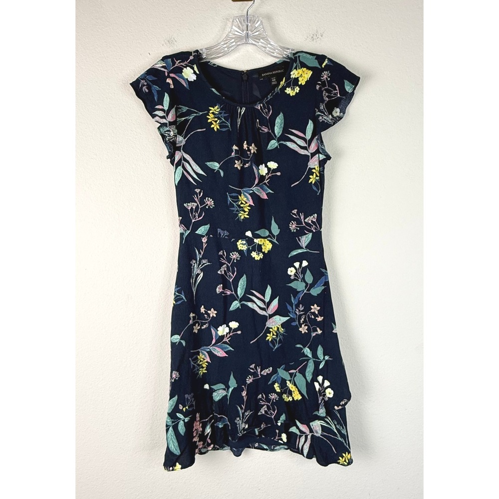 Banana Republic Dress Women 00P Floral Ruffle Flutter Sleeve Navy Petite